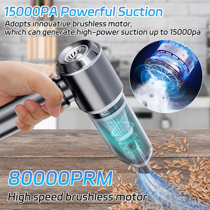 Portable Cordless Handheld Car Vacuum, 15000PA, 3 Speed Adjustable 4 in 1 with Brushless Motor and Multiple Nozzles