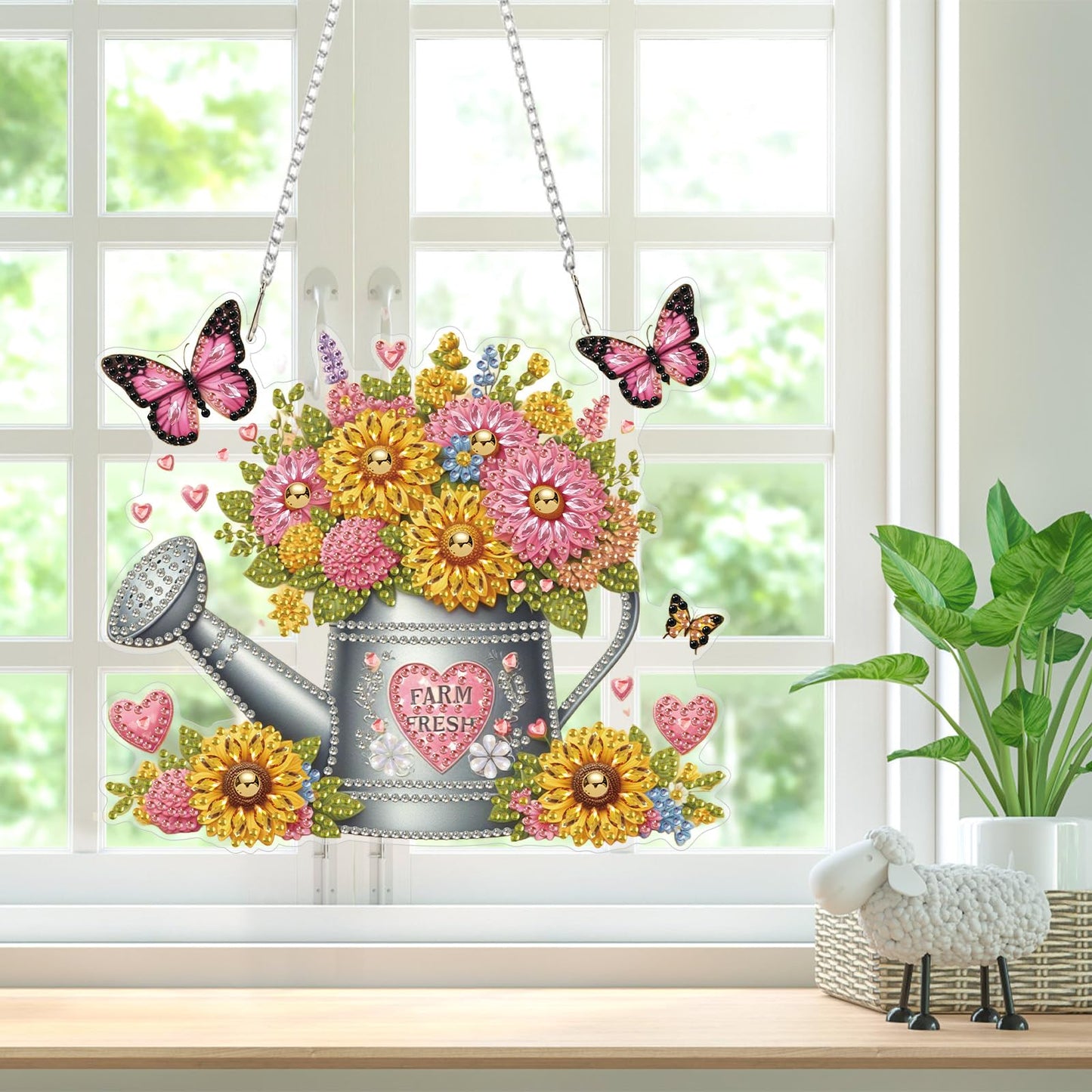 Bowetile Spring Diamond Art Hanging Kits for Adults, Diamond Art Suncatchers Flowers, 5D Special Shape Diamond Painting Farm Fresh Watering Can Pendant Window Ornament Gifts for Home Decor