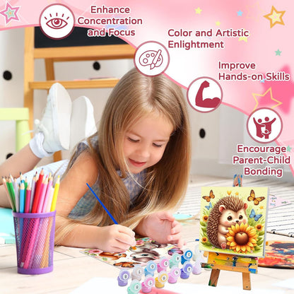 4 Pack Paint by Numbers Kit for Kids with Frame - Wooden Easel, Animal Paint by Numbers for Kids Ages 4 8 12, Easy Horse Cat Hedgehog Koala Acrylic Oil Painting Kits for Home Wall Decoration 8x8 inch