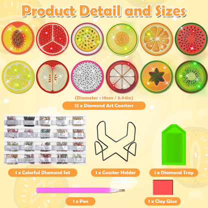 Billbotk 12 Pieces Diamond Art Painting Coasters Kit with Holder, Diamond Art Coasters, DIY Diamond Crafts Projects, Diamond Dot Kits for Adults and Beginners(Fruit Style)