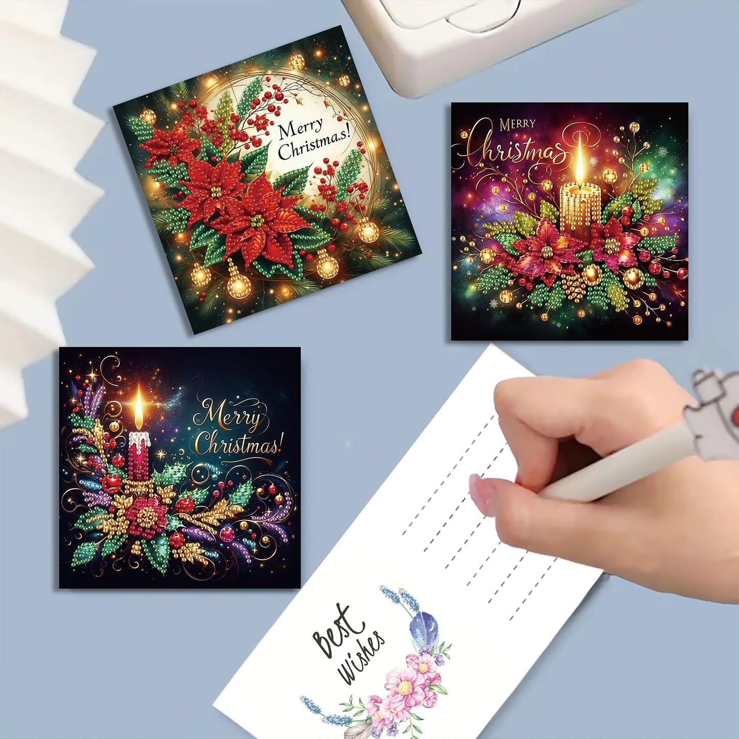 C'eitura 12 Pack Poinsettia Diamond Art Greeting Cards with Envelopes - 5D DIY Diamond Painting Card Kit for Christmas, Birthday, Mother's Day - Handmade All Occasion Stationery Gifts for Adults Beginner