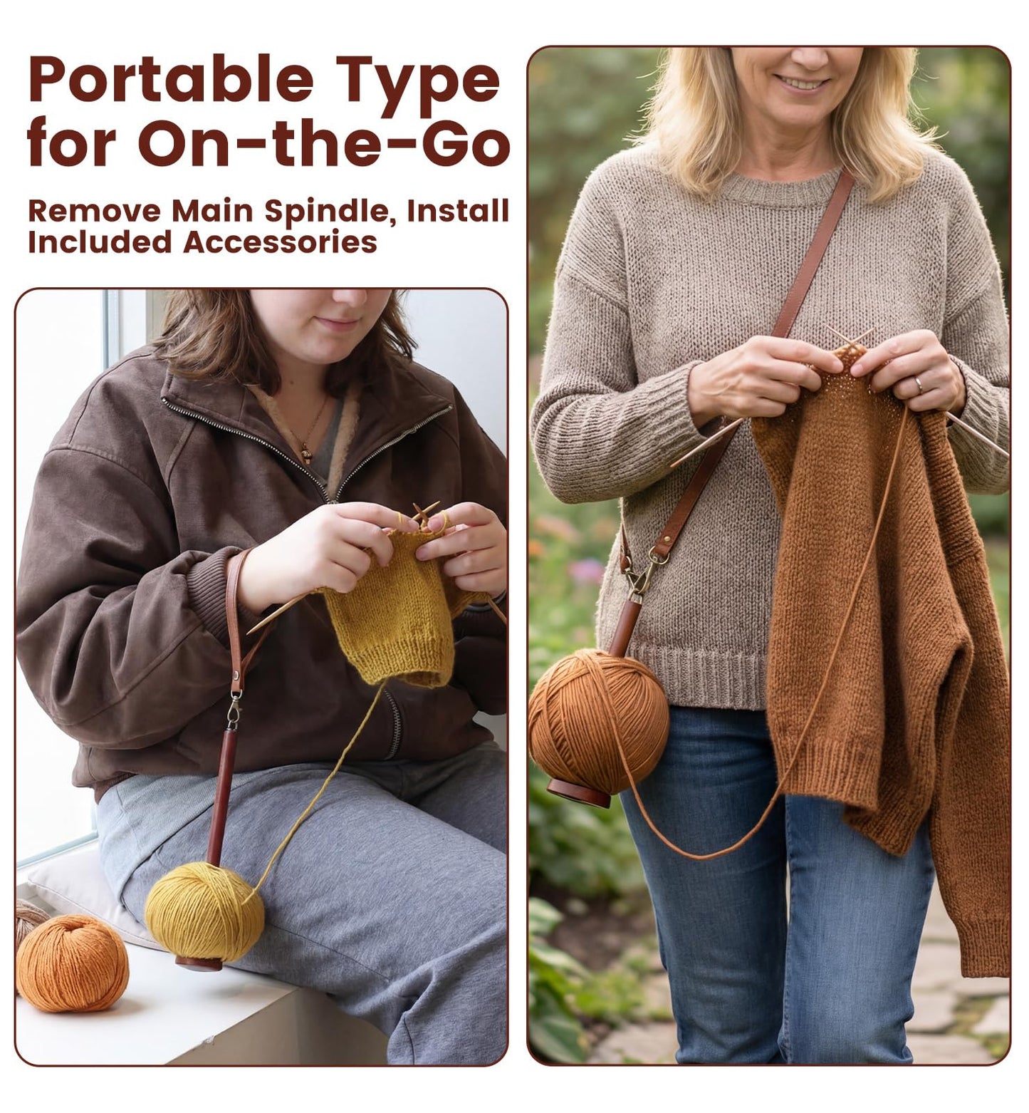 OrbitShell 2-in-1 Yarn Holder for Crocheting and Knitting, Dual Spindle Magnetic Yarn Spinner with Portable Wrist & Shoulder Strap, Wooden Yarn Minder for Home & Travel Use, Crochet Gifts for Crafters