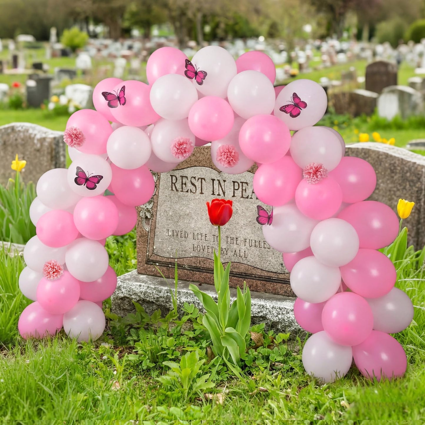 Gejoy 117 Pcs Memorial Grave Decorations for Mom Mini Balloon Arch Kit Artificial Cemetery Flowers Butterflies for Loss of Mother Father Veterans Gravestone Graveyard Outdoor(Pink, White)