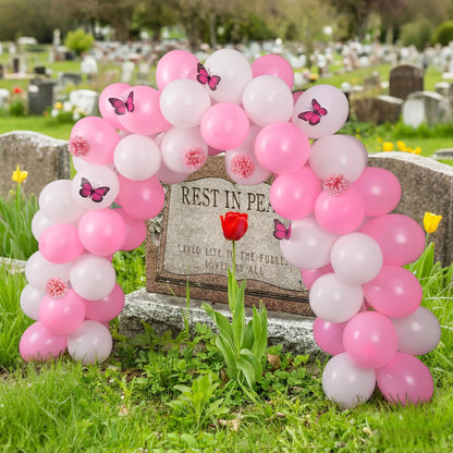 Gejoy 117 Pcs Memorial Grave Decorations for Mom Mini Balloon Arch Kit Artificial Cemetery Flowers Butterflies for Loss of Mother Father Veterans Gravestone Graveyard Outdoor(Pink, White)