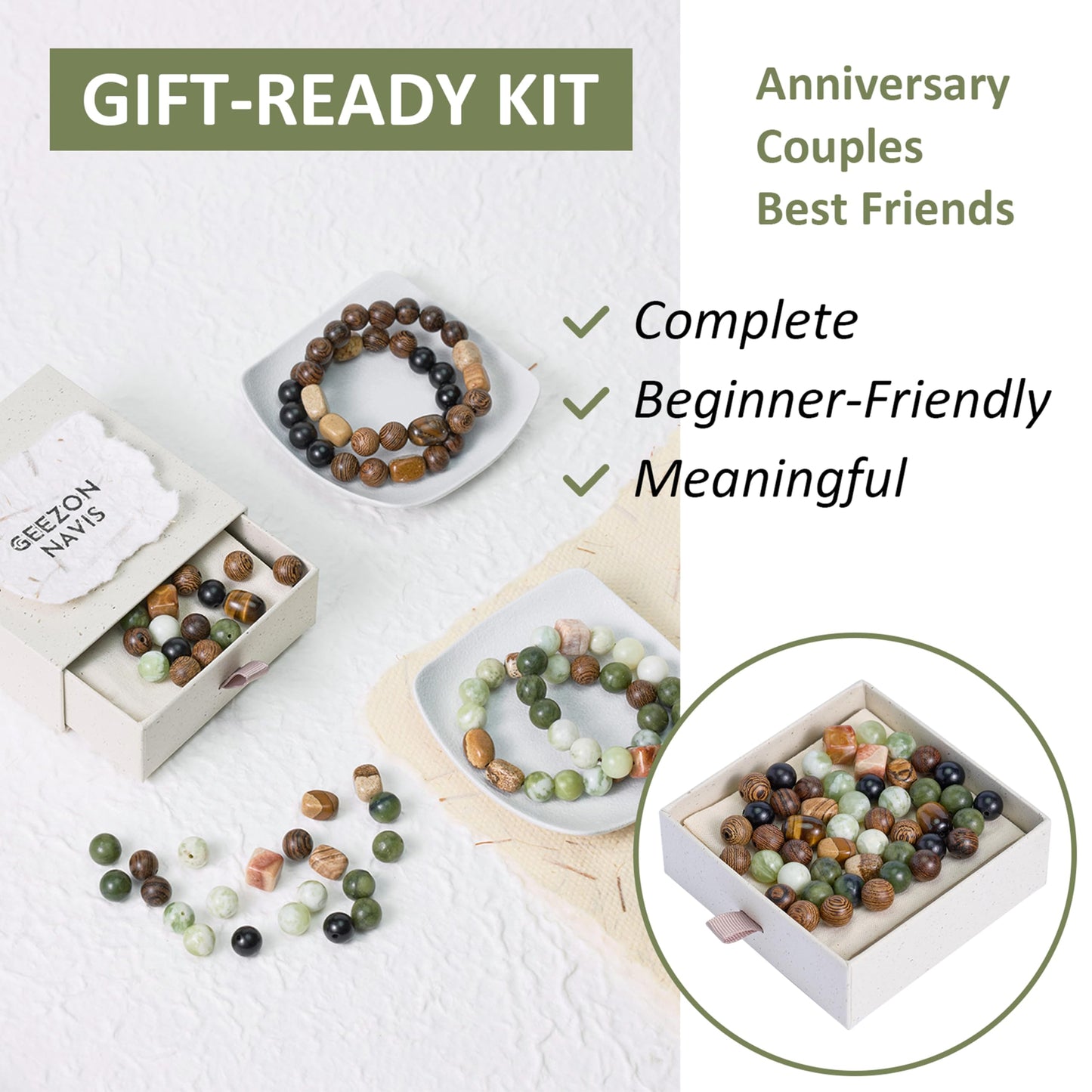 Geezon Navis Bracelet Making Kit - 10mm Natural Stone Beads with Wooden Beads - 48pcs Multicolor - DIY Jewelry Making Starter Kit Adult Men Women Birthday Mothers Day Gift Craft (48, Color A)