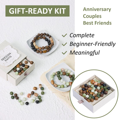 Geezon Navis Bracelet Making Kit - 10mm Natural Stone Beads with Wooden Beads - 48pcs Multicolor - DIY Jewelry Making Starter Kit Adult Men Women Birthday Mothers Day Gift Craft (48, Color A)