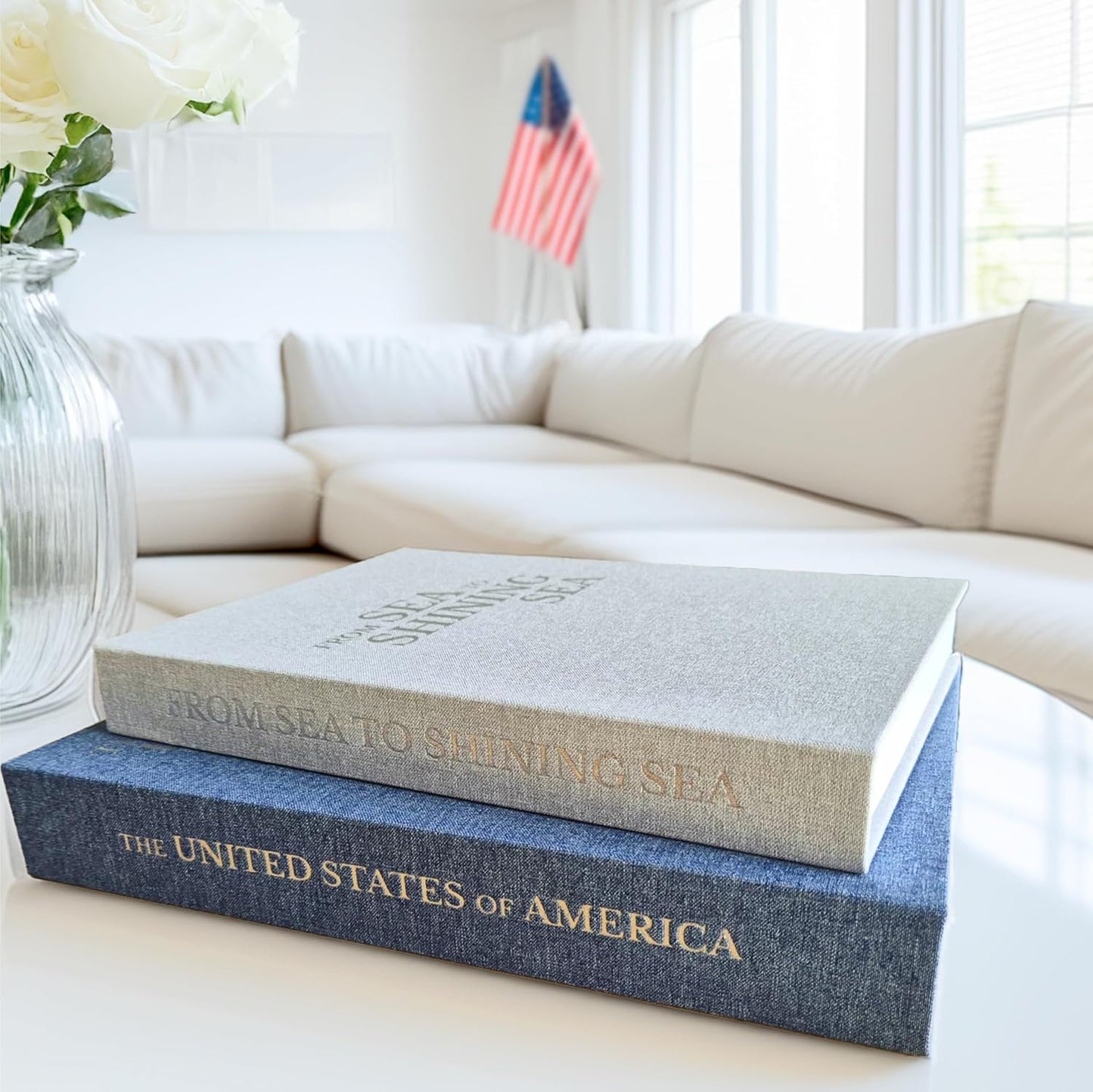 BRITTANY HILLS Set 2 Patriotic Decorative Books - of Beautiful Linen Book Boxes For Your Coffee Table, Bookshelf