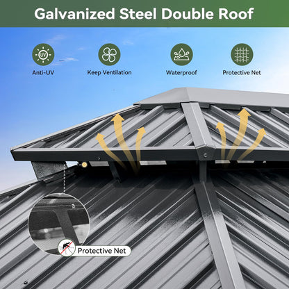 Aoxun 10x12 Gazebo Hardtop Gazebo with Double Galvanized Steel Roof Outdoor Pavilion with Breathable Netting and Privacy Curtain for Backyard (Gray)