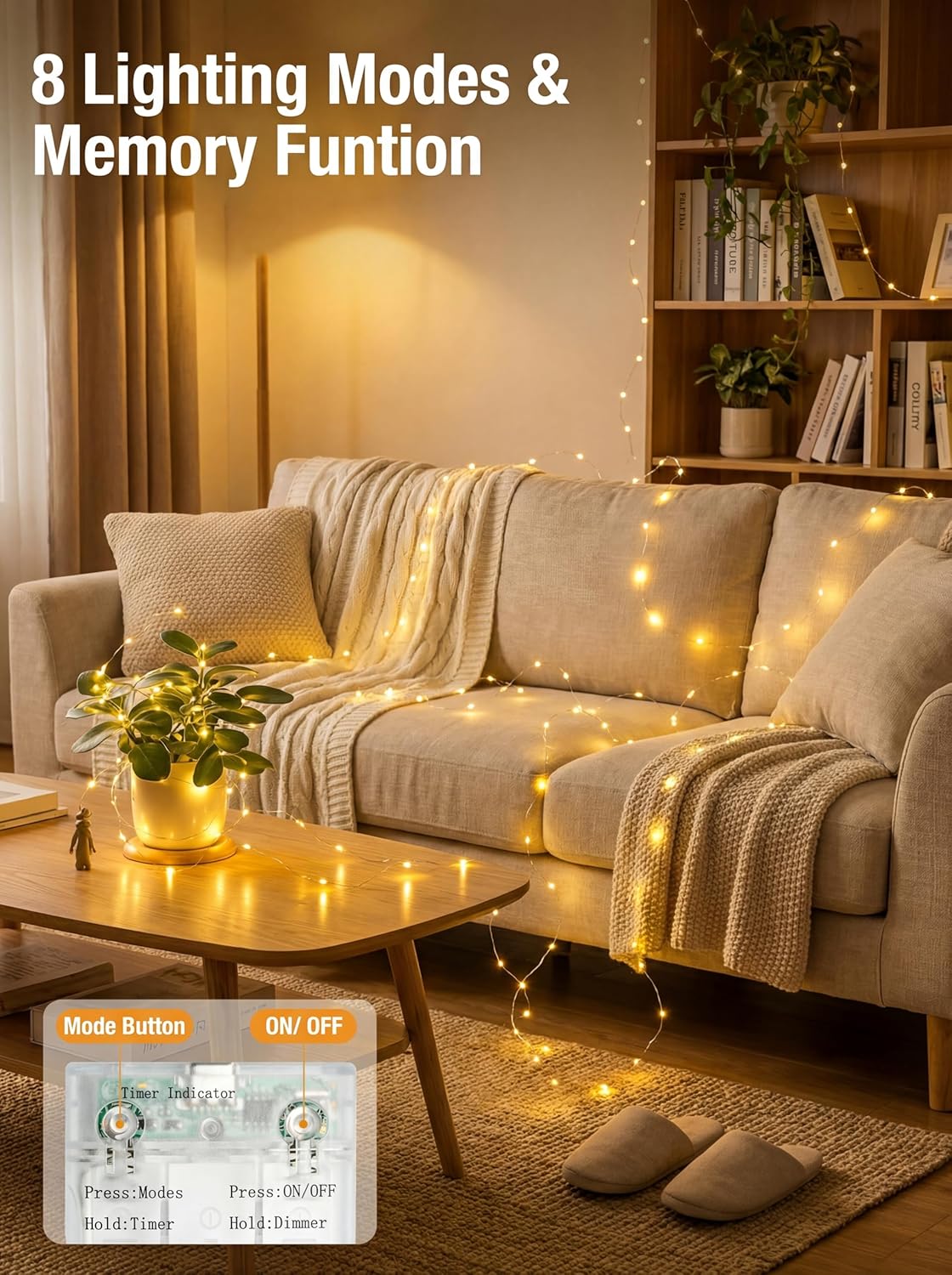 4 Pack 16FT 50LED 8 Dimmable, btfarm Fairy Lights Battery Operated with Timer, Twinkle String Lights Battery Powered