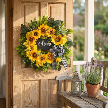 sunflower wreath with welcome,spring summer wreath for front door, unique housewarming gift,mother'day gift,farmhouse porch decor,sunflower wall decor,wedding favors,year round wreaths-20inch