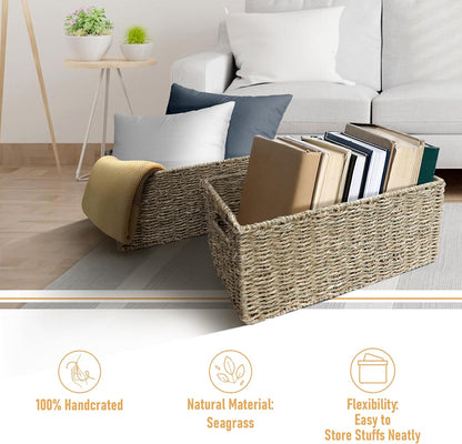 HOMESTEAD Seagrass Baskets with Built-in Handles for Storage, 13.5" x 8" Medium Rectangular Wicker Basket, 2 Packs