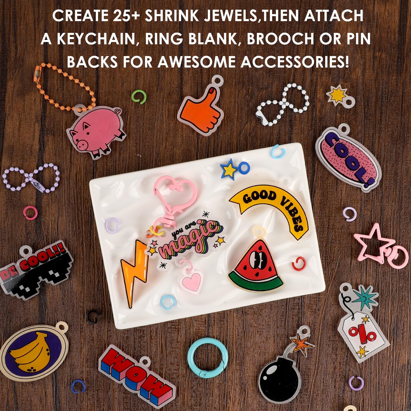 Grabie DIY Shrink Art Craft Kit Jewelry Making Kit for Kids Adults, 25+ Pre-Cut Shapes, 5 Dual-Tip Markers, Custom Charms, Pins, Rings, Keychains (Retro Vibes - Beginner Friendly)