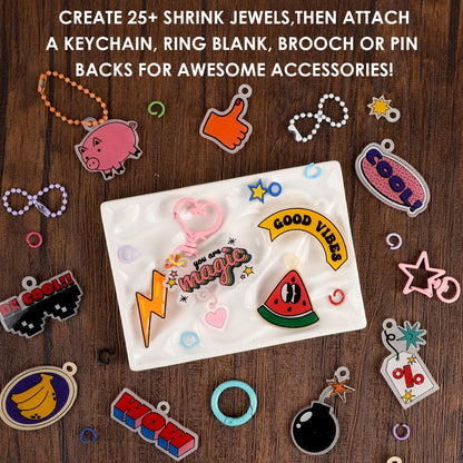 Grabie DIY Shrink Art Craft Kit Jewelry Making Kit for Kids Adults, 25+ Pre-Cut Shapes, 5 Dual-Tip Markers, Custom Charms, Pins, Rings, Keychains (Retro Vibes - Beginner Friendly)