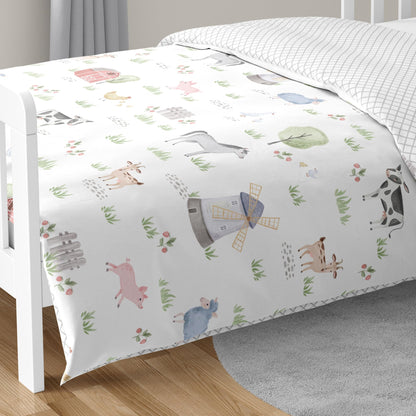 Sweet Jojo Designs Farm Animals Boy Girl Toddler Kid Childrens Comforter Bedding Set - 5 Pieces Comforter, Sham and Sheets - Watercolor Farmhouse Lattice Horse Cow Sheep Pig