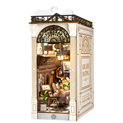 ROBOTIME DIY Book Nook Kits Dollhouse Room Bookstore Miniature House with LED Light 3D Wooden Puzzles for Adults Booknook Bookshelf Insert Decor Diorama Kit Unique Gifts（Arcade Dating）