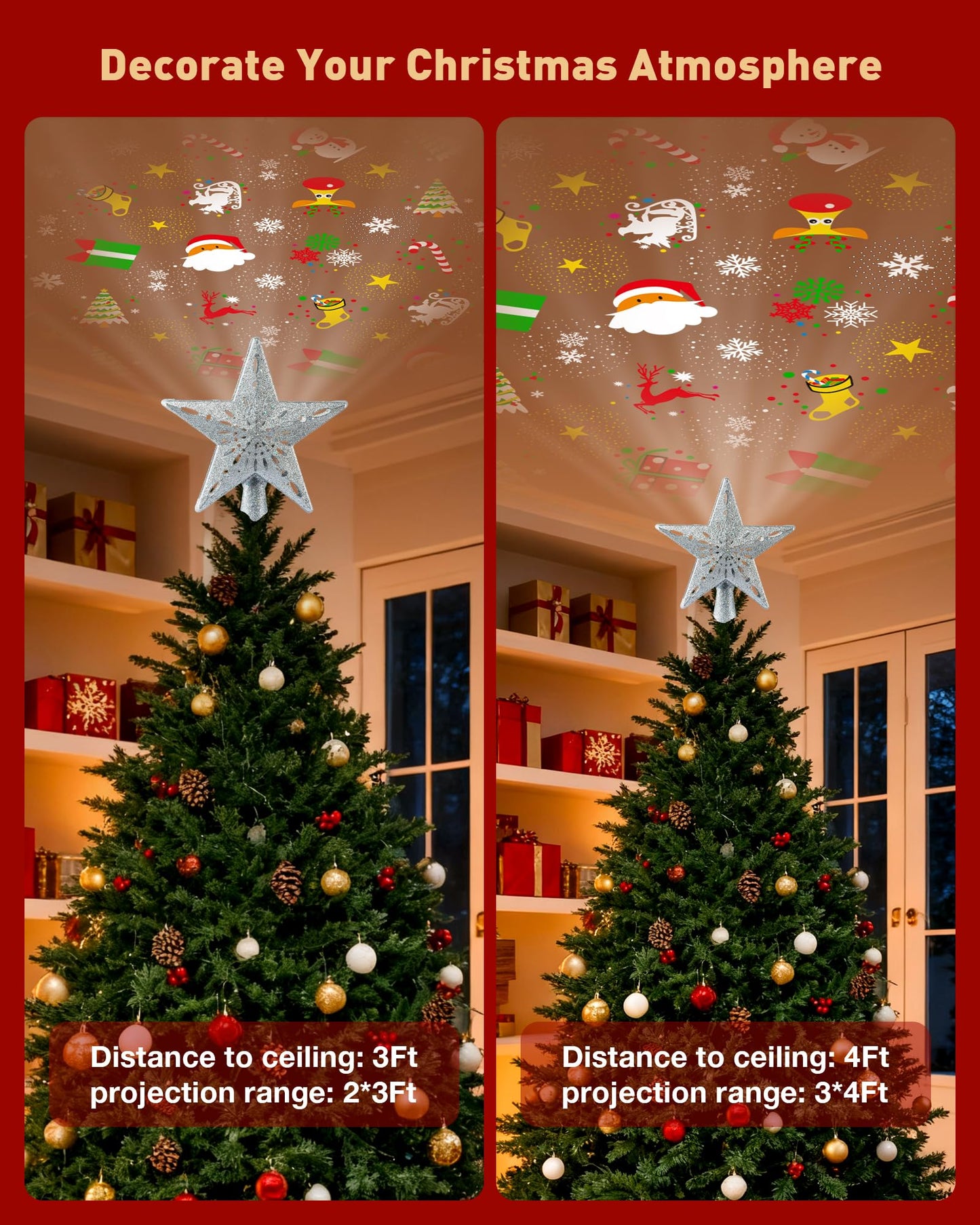 Christmas Tree Topper Lighted with 6 Patterns Projector, Christmas Star Tree Topper Built-in 3D Glitter LED Rotating Lights, Hollowed Christmas Tree Ornament for Xmas Party Holiday Decoration(Silver)