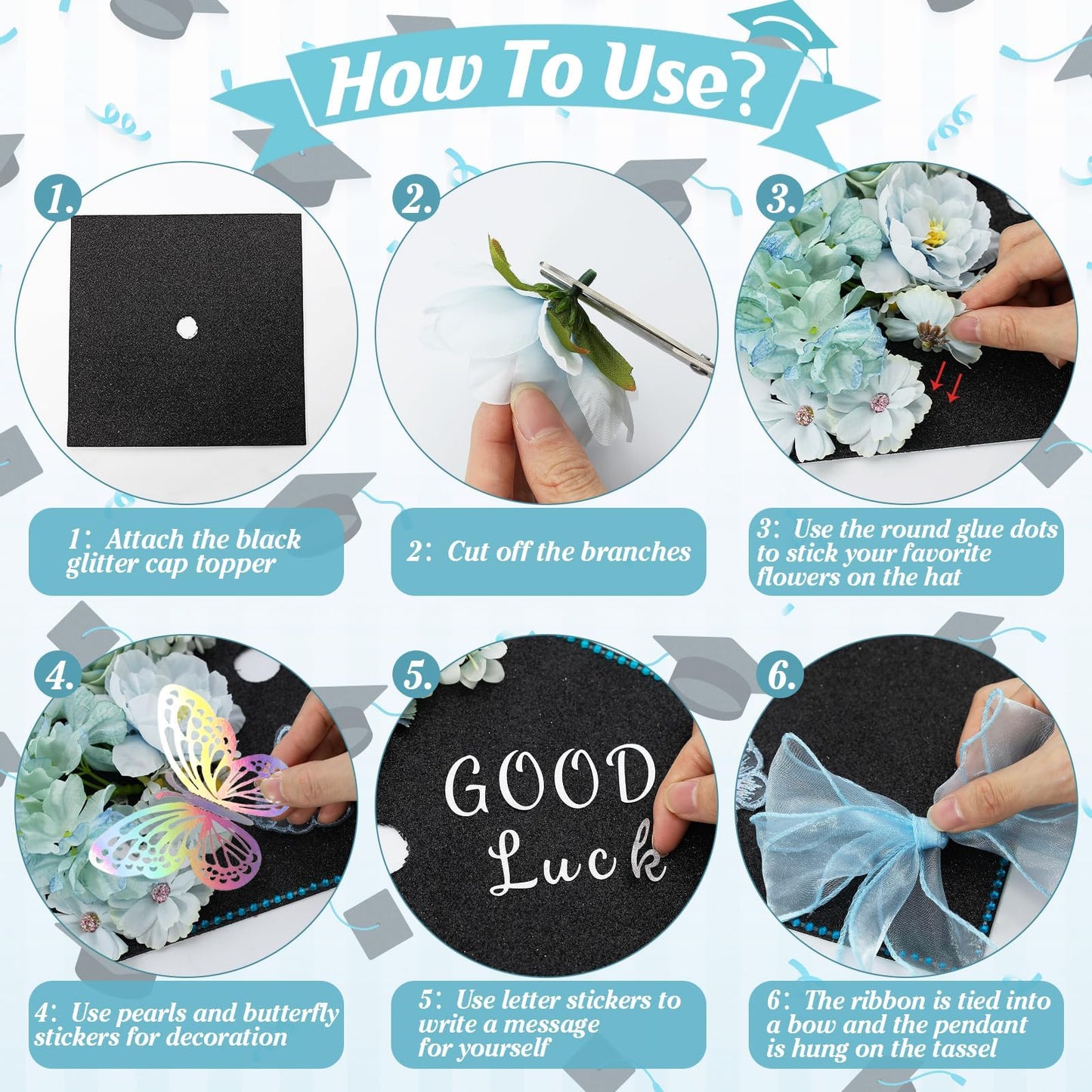 HCKLM Graduation Cap Decorations Kit - Assorted Flowers 3D Butterfly Stickers Glitter Rhinestones Alphabet Letter Number Stickers for DIY Grad Cap Topper 2026 Graduation Party Supplies (Blue)