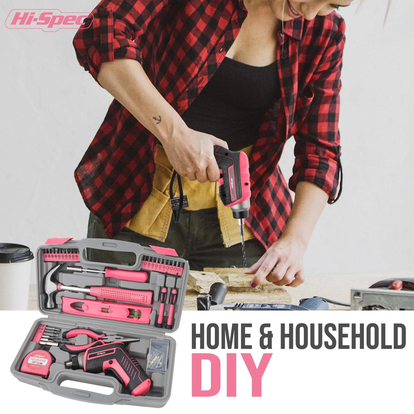 Hi-Spec 35pc Pink Tool Kit with 3.6V USB Electric Screwdriver and Drill Set. Complete Women Tool Set