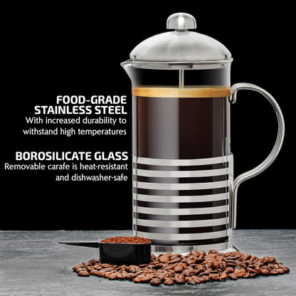 OVENTE 34 Ounce French Press Coffee & Tea Maker, Silver, 4 Filter Stainless Steel Plunger & Borosilicate Glass