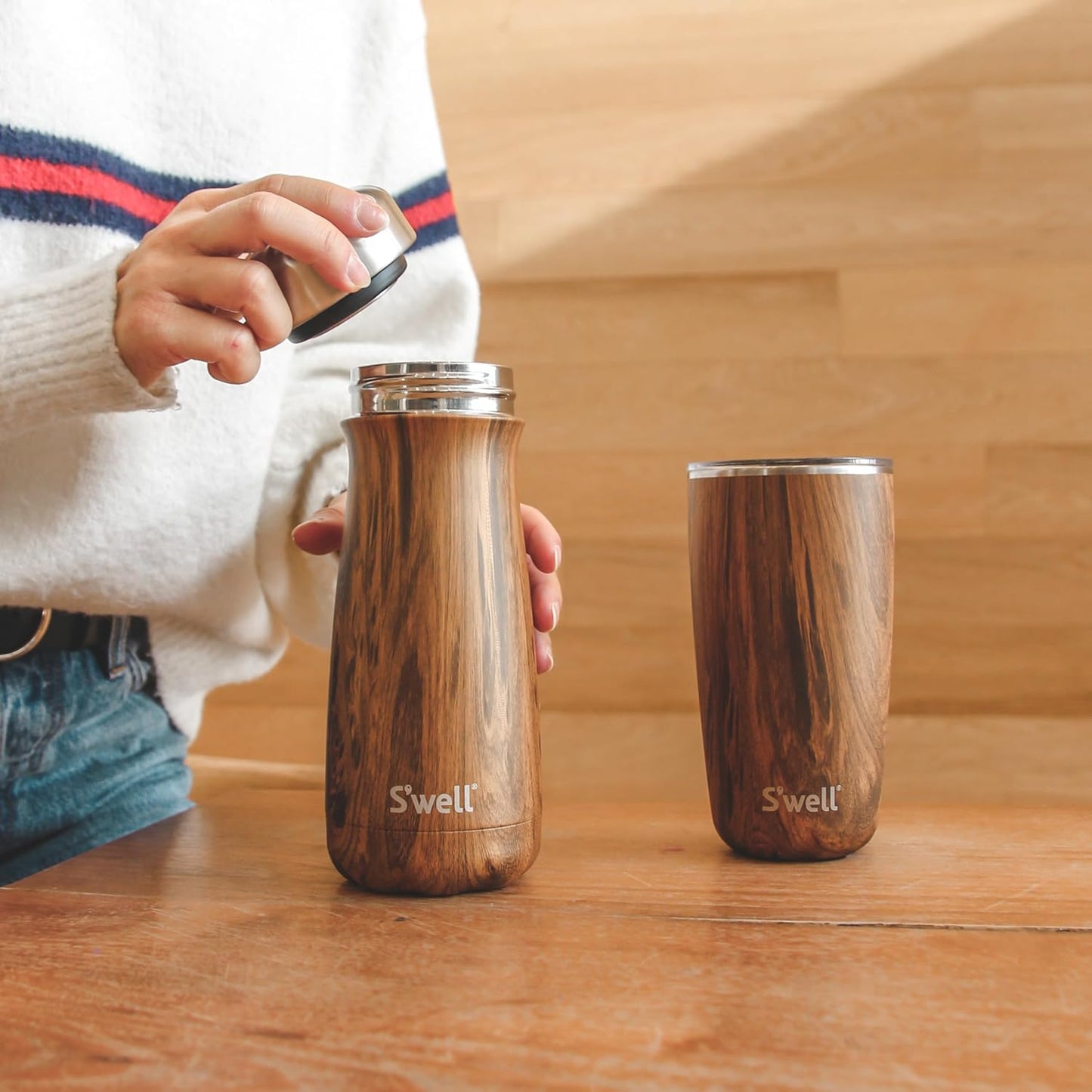 S'well Stainless Steel Traveler, 16oz, Teakwood, Triple Layered Vacuum Insulated Container Keeps Drinks Cold and Hot