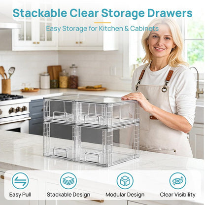 Vtopmart 4 Pack Clear Stackable Storage Drawers,Under Sink and Kitchen Organizers Storage,Easy to Assemble Plastic Drawers for Baby Bottle,Medicine, Bathroom,Cabinet and Pantry Organization
