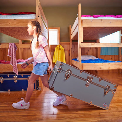 Large Essential Trunk With Wheels, Tray, & Lid Organizer - 32"x18"x14", 1000+ lbs Capacity. Strong, USA Made Summer Camp Footlocker, and Secure College Dorm Storage Chest