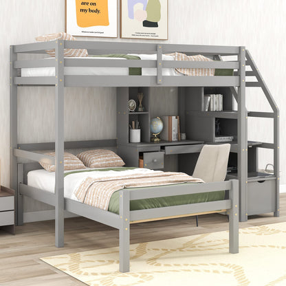 Jintop Twin Size Solid Wood Loft Bed with Storage Staircase and Desk, Bedroom Multifunctional Separable Bed Frame w/Shelves & Drawers,No Box Spring Needed,for Adult Kid Boy Girl,Gray