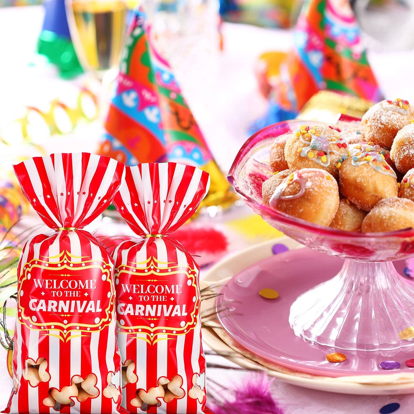 Epakh 200 Packs Carnival Candy Bags Circus-themed Plastic Party Treat Bags with Popcorn Pattern and Gold Twisted Ties for Carnival Birthday Party Favors, Cookies, and Cupcakes (Simple)