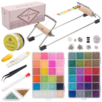 Complete Bead Loom Kit with 24,000 Colorful Glass Beads for Jewelry Making, Non-Stretch Thread and Big-Eye Beading Needles - DIY Craft Supplies Set for Creating Beaded Bracelets, Earrings, Rings