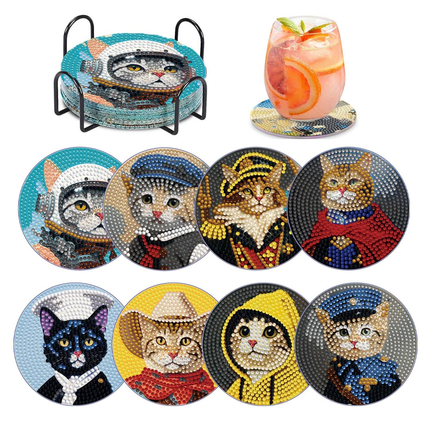 Dlylust 8 PCS Cat Diamond Art Coasters Kits, Diamond Painting Coasters with Holder Set of 8, DIY Drink Art Crafts Supplies for Adults Cup Mat House Warming Gifts Non-Slip 3.9inch