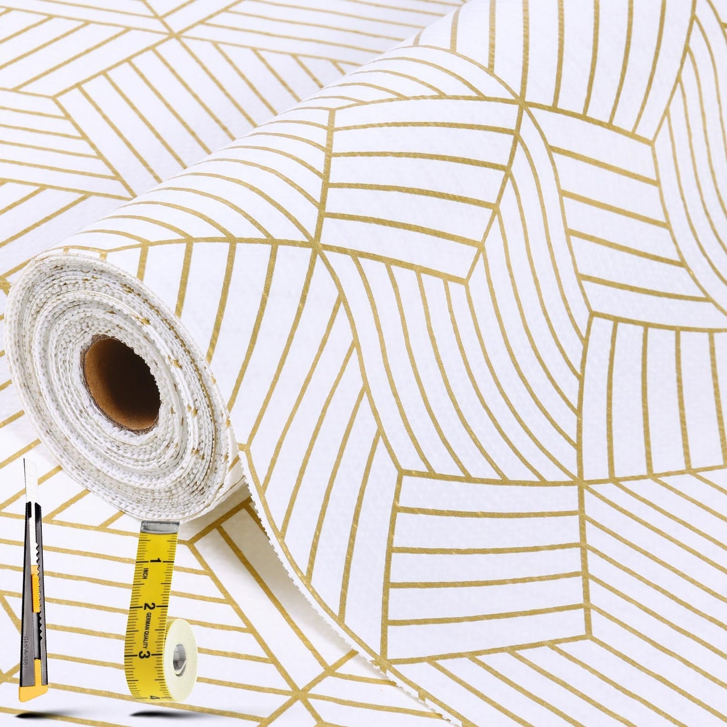 Shelf Liners for Kitchen Cabinets 17in x 30FT, Non Adhesive Cabinet Liner Strong Non-Slip Golden Leaf Drawer Liner, Easy to Clean for Shelf, Cabinet with Knife and Tape Measure