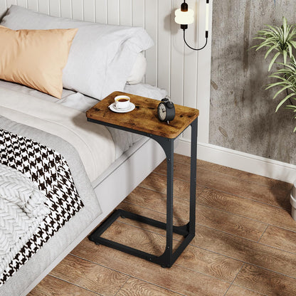 QEEIG Narrow C Shaped Side Table Set of 2 Living Room Sets Slim Couch Tray Tables Skinny Thin Small Farmhouse 9.5 inch Width, Rustic Brown (017-24BN)