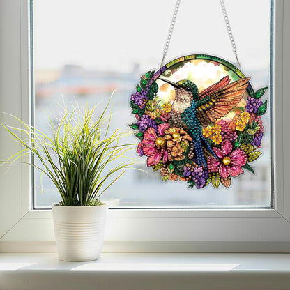 SENQAO Hummingbird Diamond Art Hanging Kits for Adults Kids, Acrylic Diamonds Painting Pendant Board Kit Flower, Diamond Art Painting Window Pendants Home Garden Wall Hanging Kits Hanging Ornament