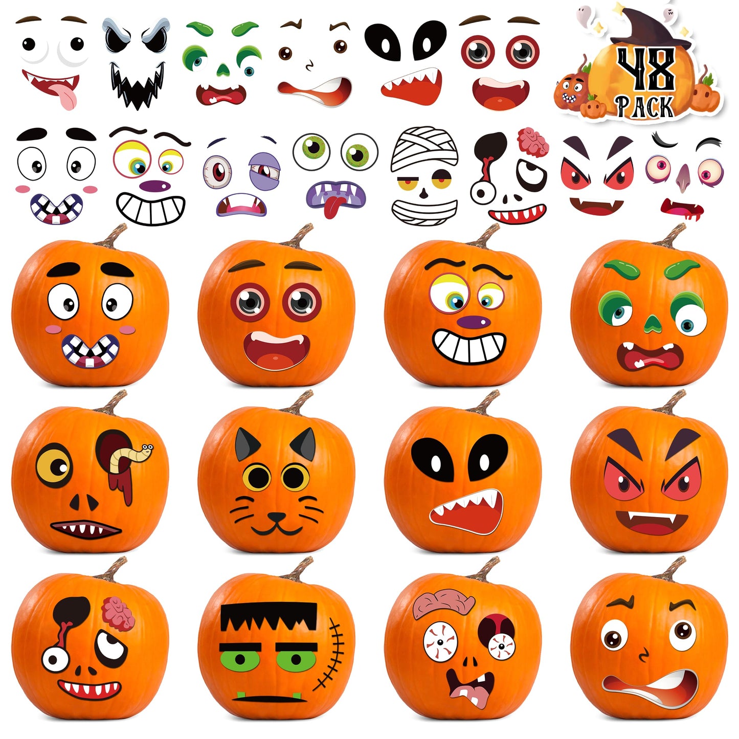 96 Pack Pumpkin Decorating Stickers - Small Pumpkin Face Stickers for Halloween Gifts and Kids Party Favors, Funny Make DIY Craft