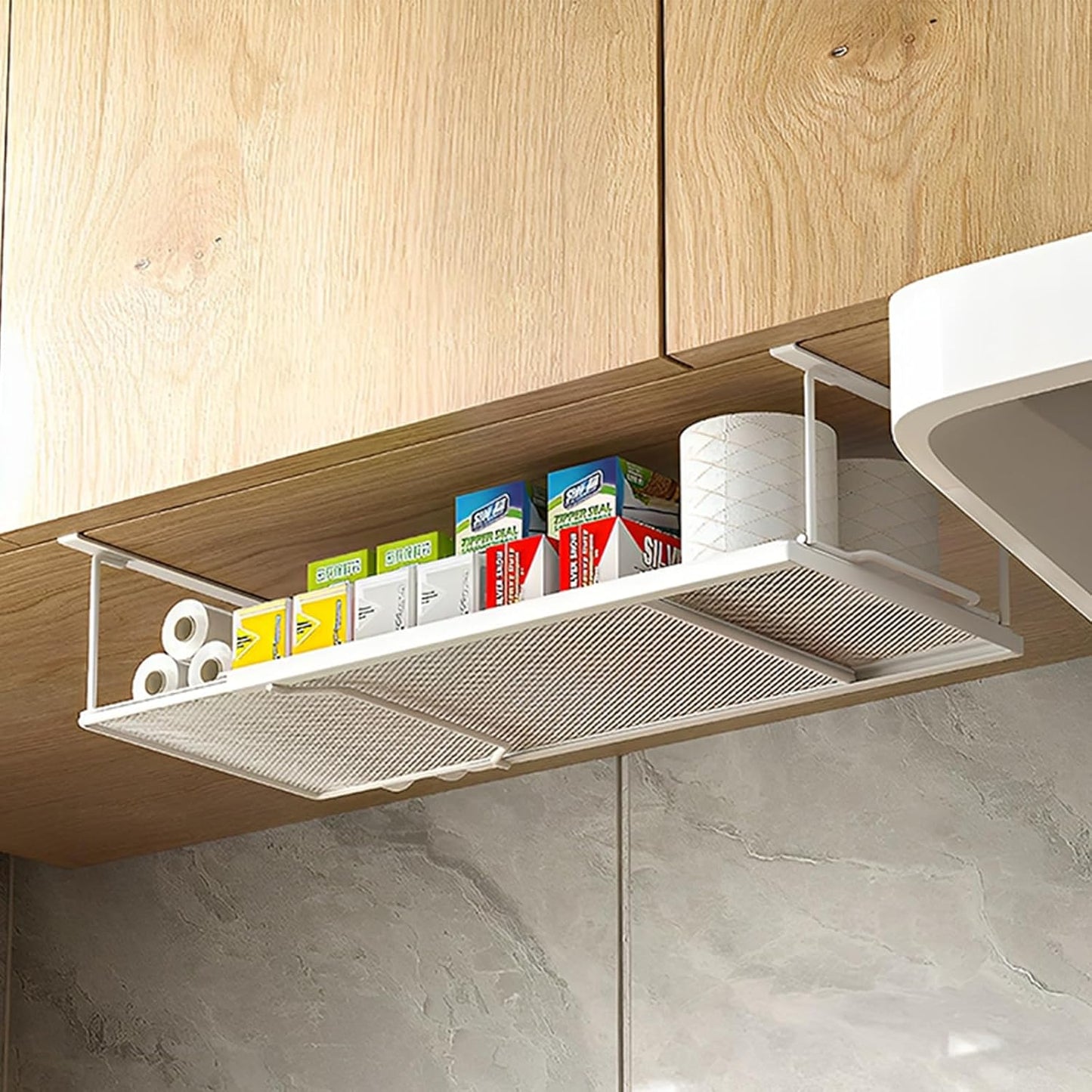 1 Pack 0.94 Inches Expandable Under Cabinet Shelf, Under Shelf Basket with Thick Clips for Kitchen Cupboard, Metal