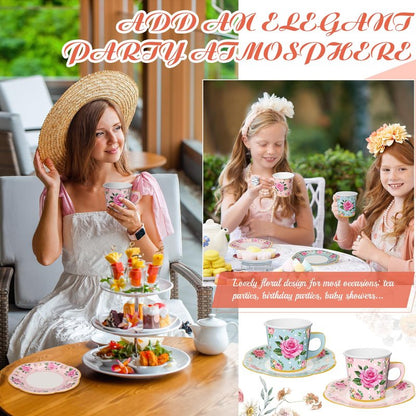 Umigy 60 Sets Mother's Day Tea Party Decorations 9 oz Floral Paper Teacups & Saucer Set for Girls Women Tea Parties Mothers Day Bridal Shower Wedding Birthday Party Decorations(Pink, Blue)
