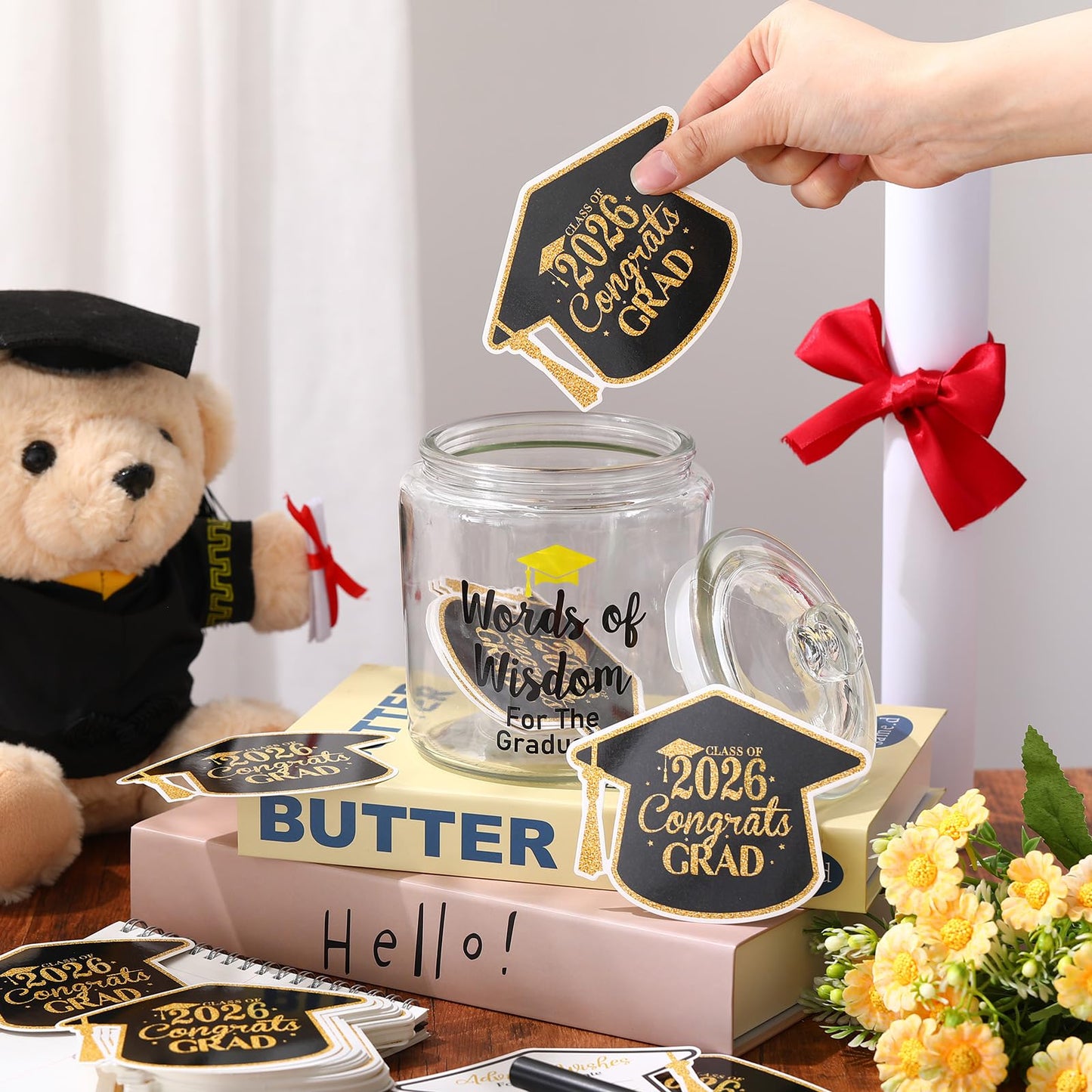 Mimorou 52 Pcs 2026 Graduation Gifts Memory Jar Advice Cards Graduate Party Favors Words of Wisdom Glass Bottle Guest Book Cards with Black Pen Senior School College Graduates Gifts Party Decorations