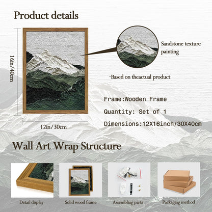 Framed 3D Textured Mountain Wall Art, Abstract Green Snow Mountain Landscape Wall Decor Paintings, Hand Drawn Sandstone Modern Aesthetic Home Decor Pictures for Living Room Bedroom Office 12x16 inch
