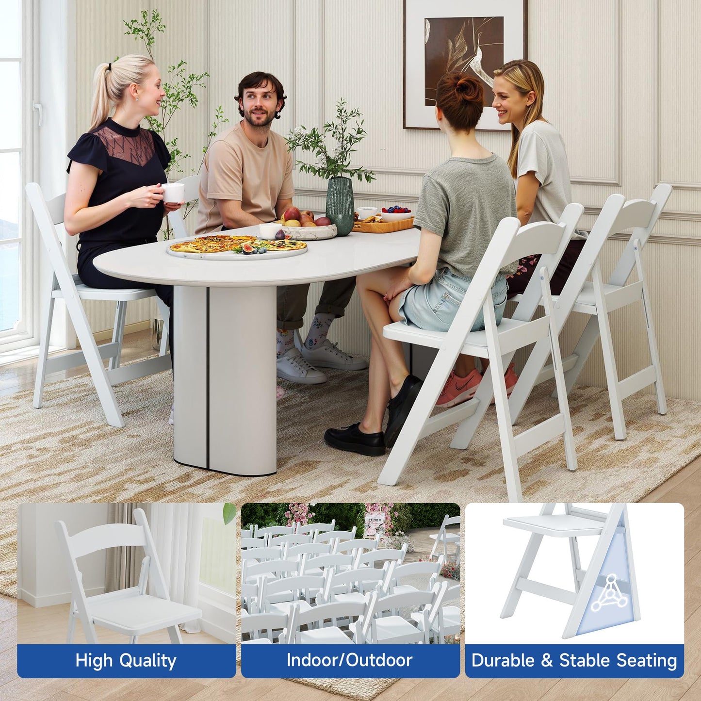 Winlice White Resin Folding Chairs - Stackable Chairs with Padded Seats, 800LB Weight Capacity Comfortable Chair - Indoor/Outdoor Folding Chairs for Events - Lightweight Foldable Chairs (10 Pack)