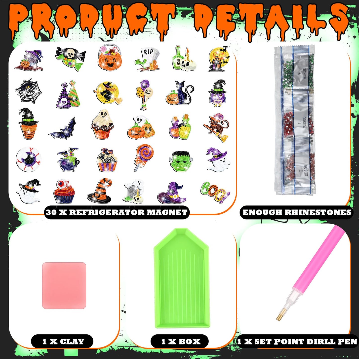 Motipuns 30 Pcs Luminous Halloween Diamond Painting Magnets Kits Glow in The Dark Diamond Art Fridge Magnet Refrigerator Sticker for Beginners Kid Adults Home Decors DIY Art Craft Gifts
