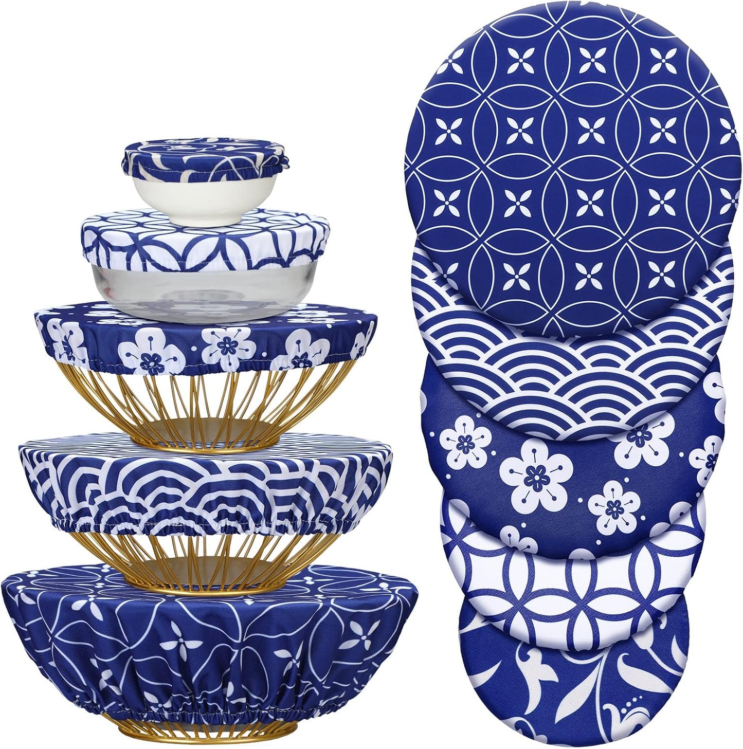Patelai 10 Pieces Reusable Bowl Covers in 5 Sizes, Stretch Cloth Fabric Elastic Food Storage Covers