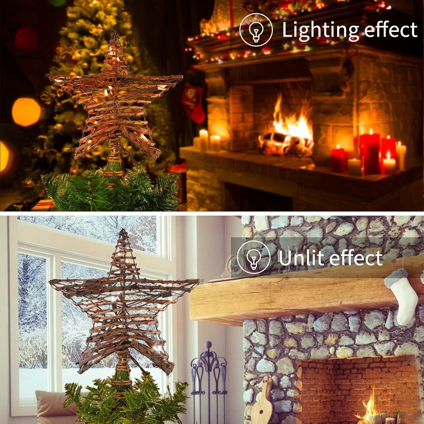 Rattan 3D Star Tree Topper, 12" Rustic Rattan Star with Built-in 10-Bulb String Lights for Christmas Decoration