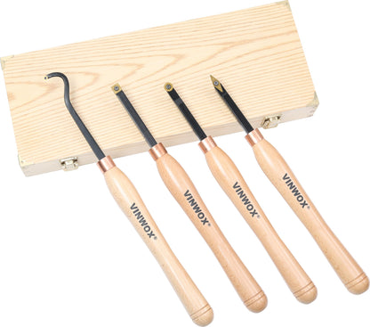 VINWOX 13.5" 4 PCS Carbide Wood Lathe Turning Tool Set, Pen Turning tool, Including Swan Neck Hollower, Rougher, Finisher, Detailer, Titanium Coated Carbide Blades 2X Service Life, Beech Wood Handle