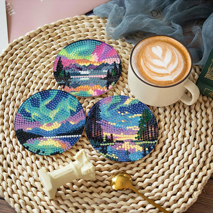 8 Pcs Aurora Diamond Art Coasters Kits with Holder, Landscape Diamond Painting Coasters Kits for Adults, DIY 5D Nature Scenery Diamond Dots Small Mini Kit Full Drill Art Craft Supplies 4X4 Inch