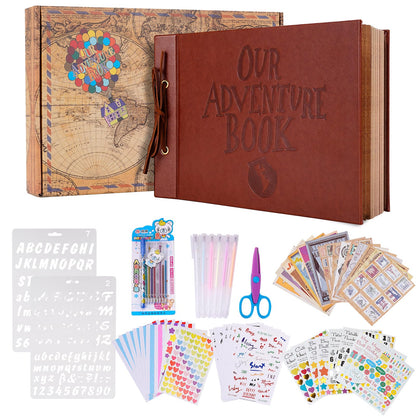Adventure Book Scrapbook Photo Album 80 Pages Retro Leather Cover Memory Book with Luxury DIY Accessories Kit,Exquisite Box Gift Couples Weddings,Travelling,Christmas Day