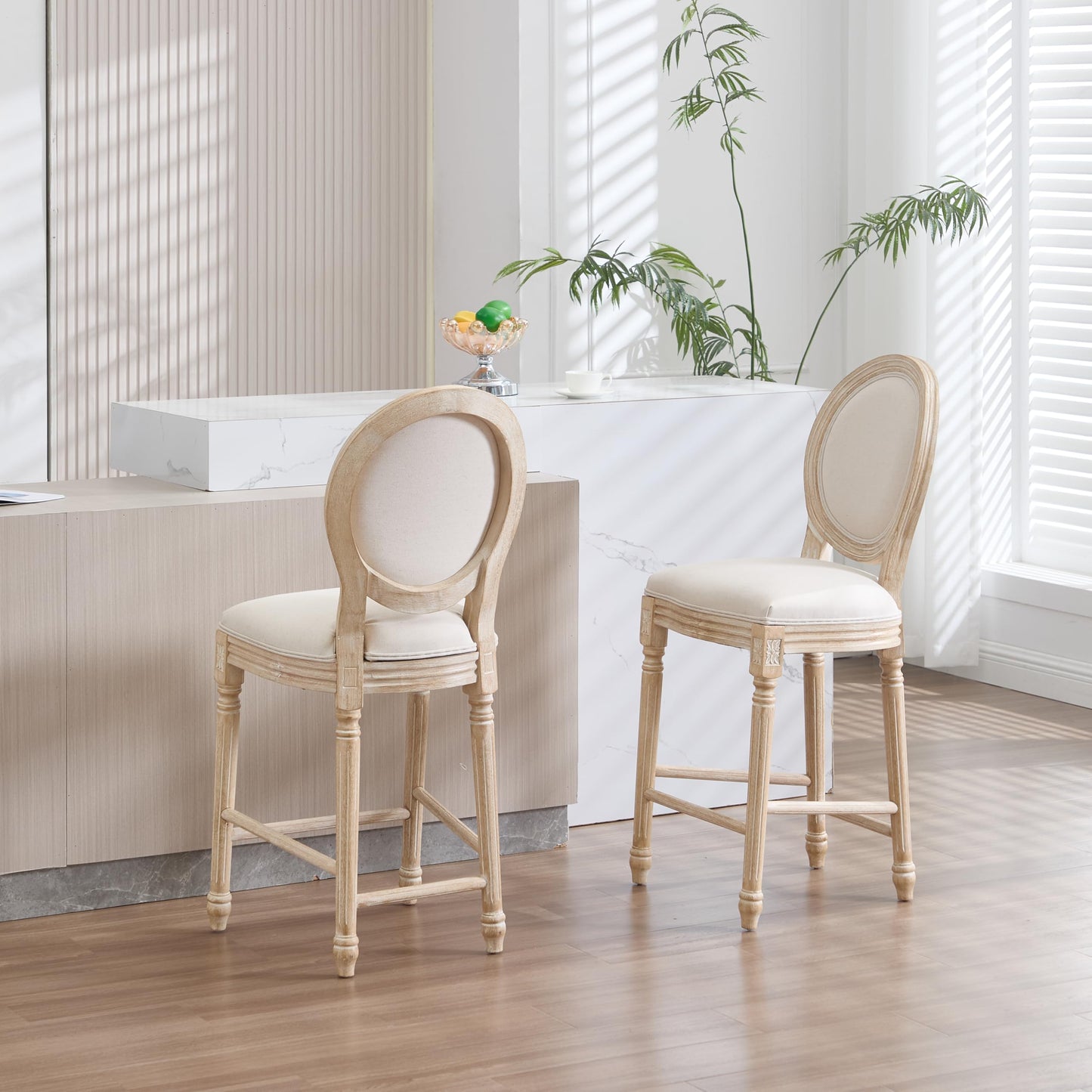 26" French Country Counter Height Chairs Set of 2,Upholstered Round-Back Bar Stools with Solid Wood Frame,Brushed Wire-Drawing Finish, Disassemblable Design for Kitchen,Living Room,Restaurant, Beige