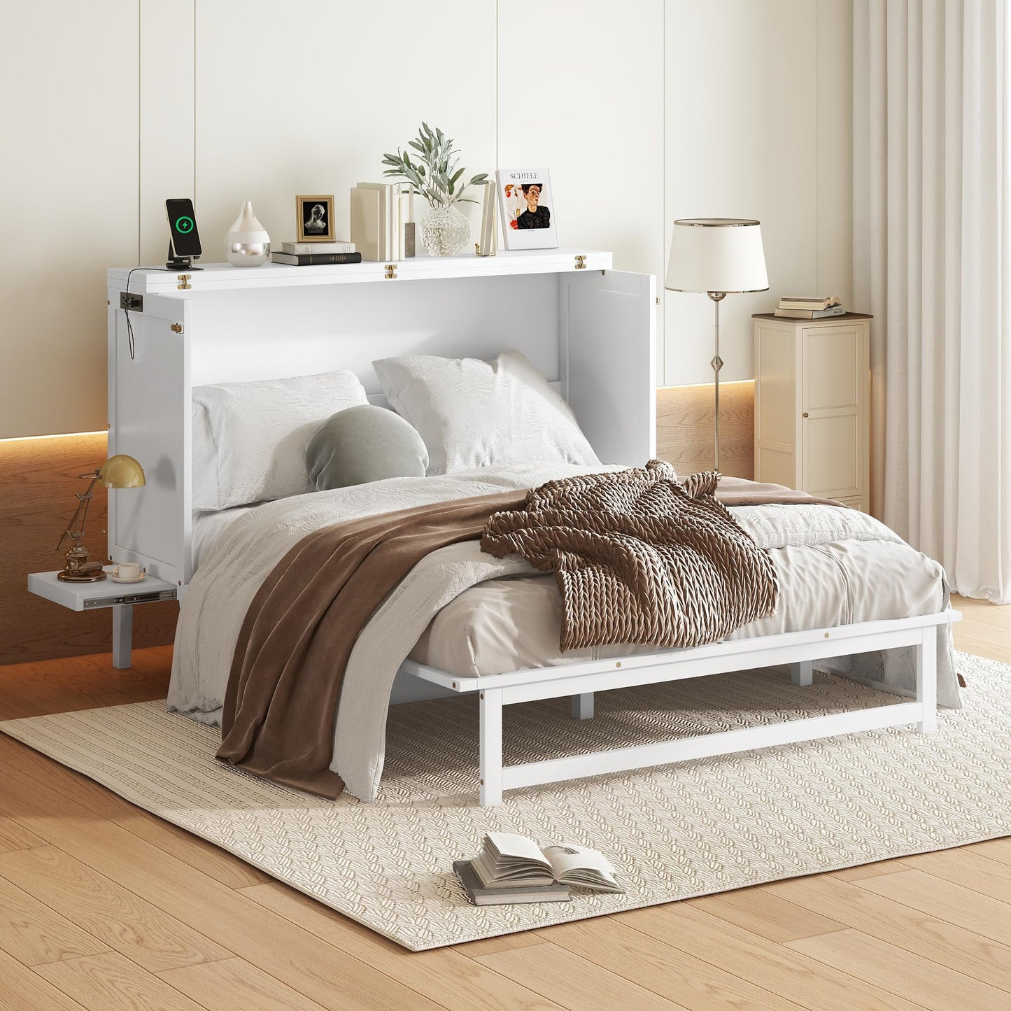 Ball & Cast Murphy Bed Full W/Desk & 2 Removable Shelves,Cabinet Bed W/ 2 USB Port & Power Outlets,Hidden Foldable Wall Bed Frame for Home Office,Apartment,Guest Room,White