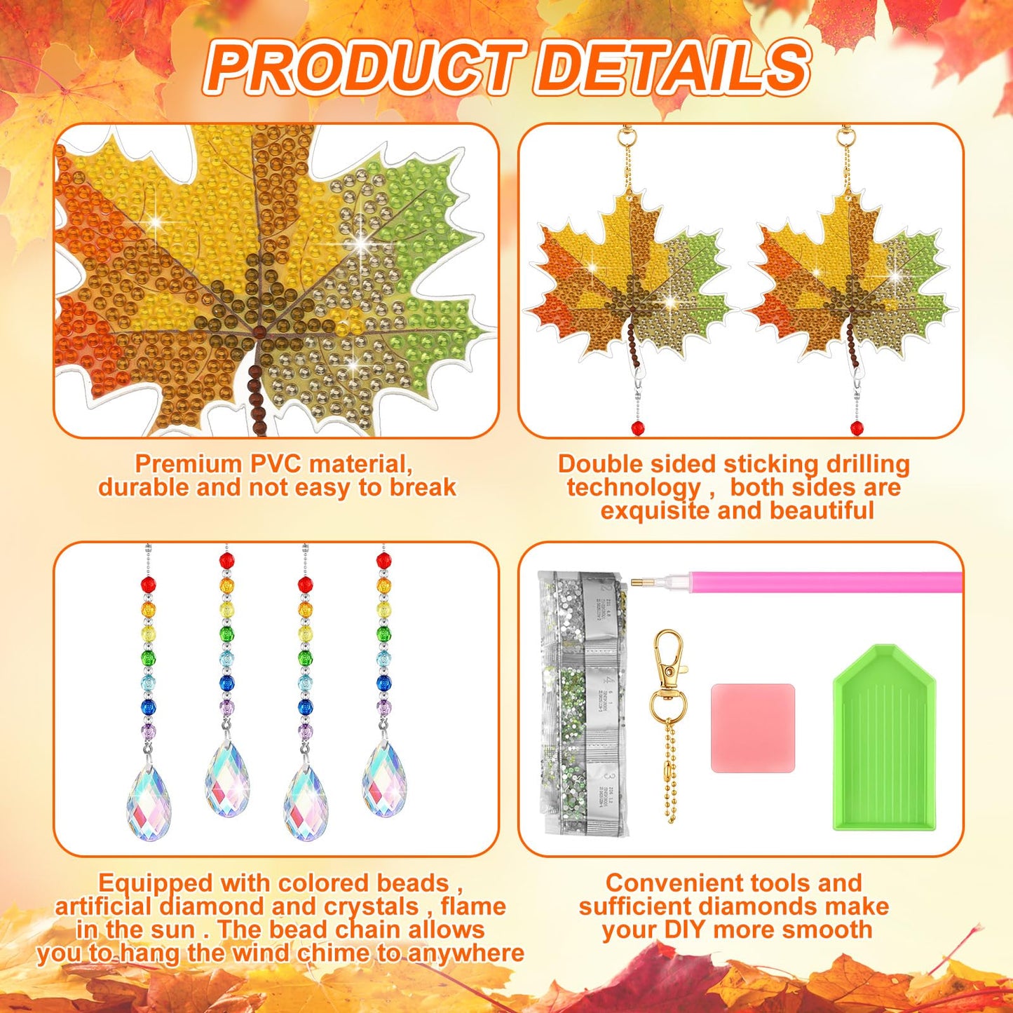 Yeaqee 6 Pcs Fall Diamond Art Keychain Kits for Adults Maple Leaves Diamond Painting Wind Chimes Double Sided 5d DIY Rhinestone Hanging Ornaments Thanksgiving Sun Catcher Crystal Pendant Keyrings