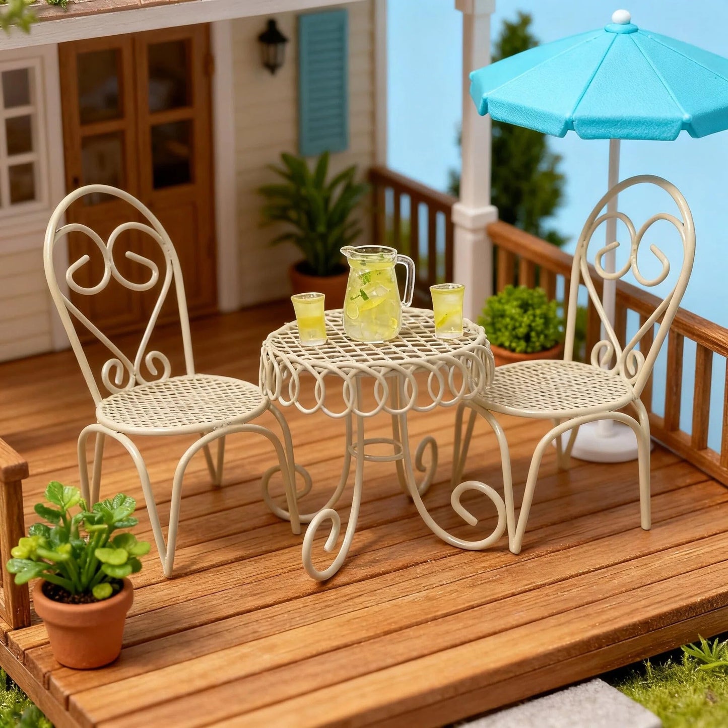 6 PCS Dollhouse Miniature Bistro Table & Chairs Set with Lemonade Pitcher and Cups 1 12 Scale Metal Furniture Fairy Garden Kitchen Decoration Accessories