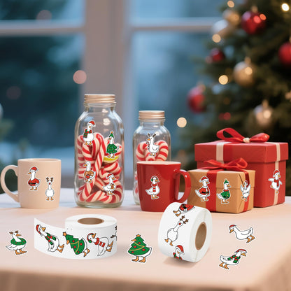 DSjuedui Christmas Goose Roll Stickers - 1000Pcs Silly Cartoon Xmas Tree Snowman Goose Vinyl Decals for Kids, Funny Animals Theme Stickers Gifts for Christmas Party Home Decor Laptops Guitars Luggage